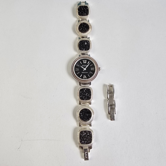 Ecclissi Sterling Silver Quartz Watch Black Druzy Accents + Extra Links - Picture 4 of 16